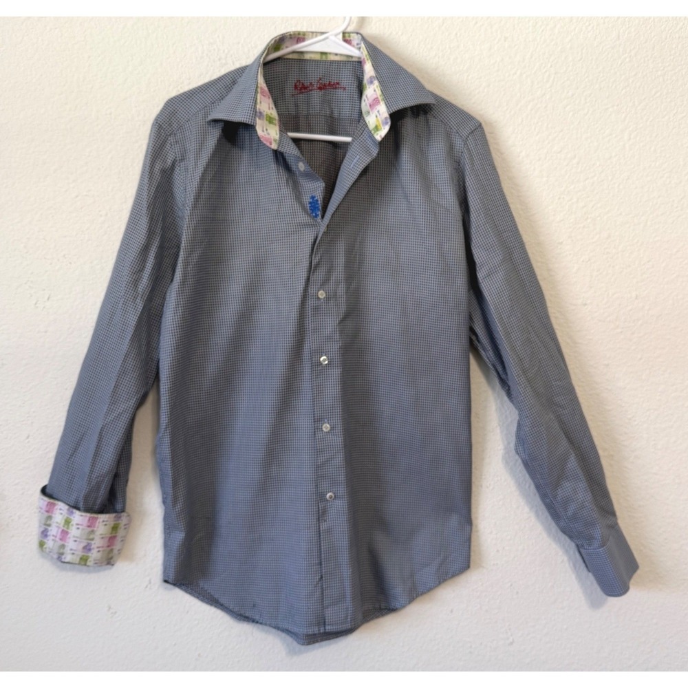 Robert Graham Mens Small Micro Check Button Down Euro Currency‎ Collar Cuffs